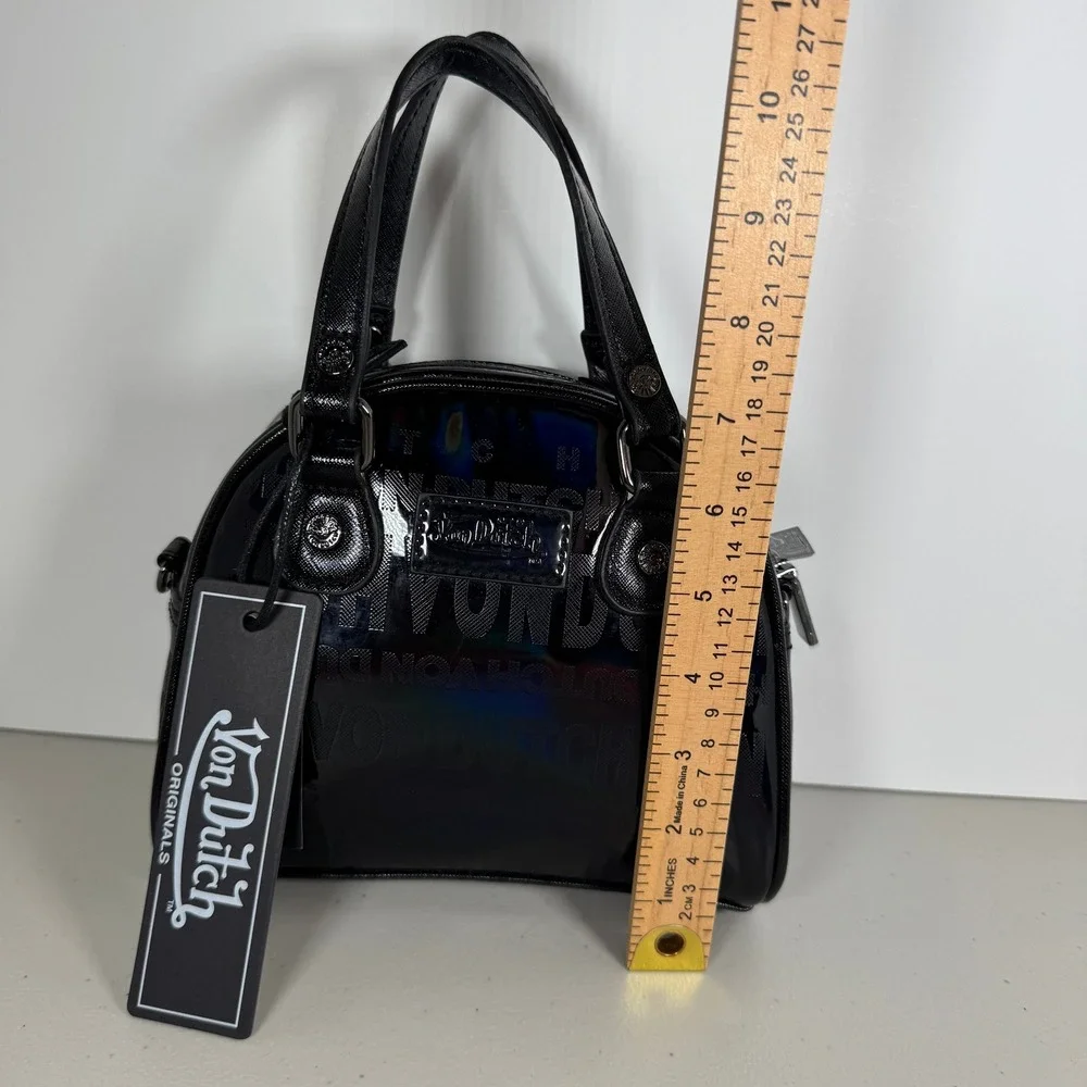 Von Dutch Mini Bowling Bag Black Onyx Reflective Holographic Y2K Satchel Handbag